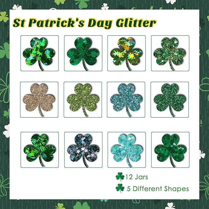 Laza St. Patrick's Day Nail Art Glitters 12 Colors Holographic Green Gold Fine Powder Chunky Clover Hexagon Sequins Confetti Nail Flakes for Nail Supplies Festival Craft Decoration - Verdant
