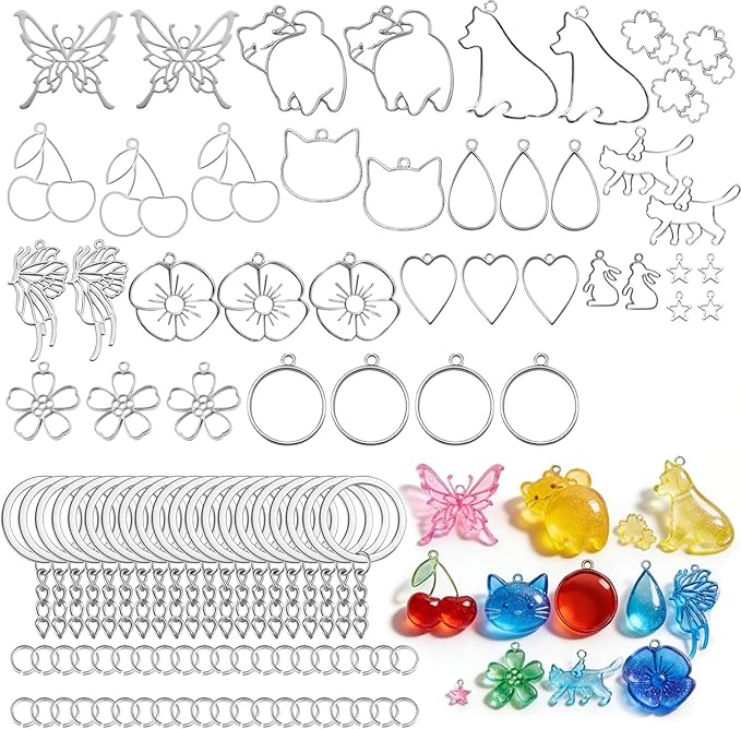 40Pcs UV Resin Keychain Molds – All-in-One Craft Supplies for Personalized Keychain Jewelry Making with 15 Designs (Animals, Flowers), Metal Molds, 20 Keyrings & 40 Jump Rings