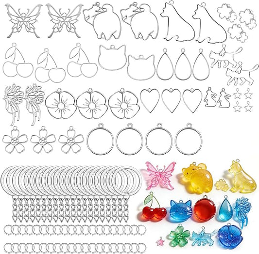 40Pcs UV Resin Keychain Molds – All-in-One Craft Supplies for Personalized Keychain Jewelry Making with 15 Designs (Animals, Flowers), Metal Molds, 20 Keyrings & 40 Jump Rings