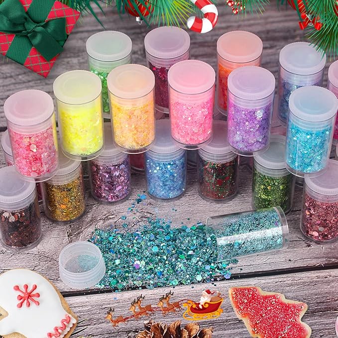 Holographic Chunky and Fine Glitter Mix, 45 Colors Festival Sequins & Powder, Iridescent Flakes, Cosmetic Face Body Eye Hair Nail Art Resin Tumbler Loose Glitter