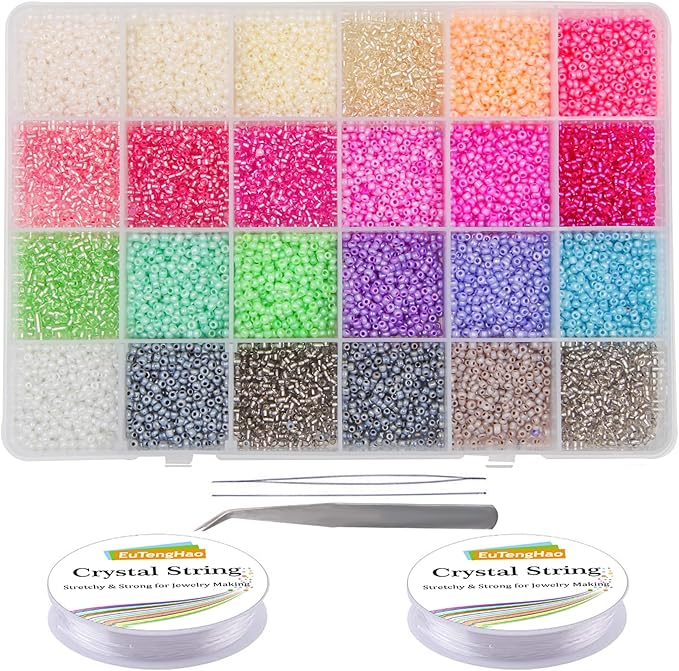 EuTengHao 18000Pcs Pony Seed Beads 2mm Glass Beads Waist Beads with Tweezers Strings for DIY Bracelet Necklaces Earring Jewelry Making Crafts (750 Per Color, 24 Colors)