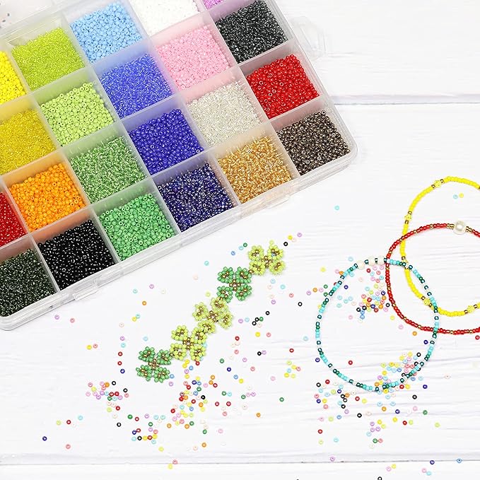 Glass Seed Beads Assorted Kit - Size 12/0 (2mm Tiny), 24 Multicolor Options (14,400pcs Total) with Organizer Box for Adult DIY Jewelry Making