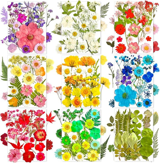 MIKIYA 182Pcs Dried Pressed Flowers for Resin Molds, Assorted Real Natural Bulk Dry Floral Leaves for DIY Art Crafts, Epoxy Jewelry, Candle, Soap Making, Nails Decors Gifts