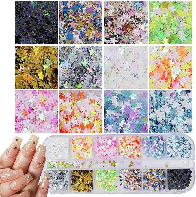 AddFavor 4 Boxes Holographic Nail Sequins Shapes Mixed Iridescent Nail Glitter Flakes Butterfly Hearts Star DIY Design Manicure Decorations Sets for Nail Art/Craft/Makeup