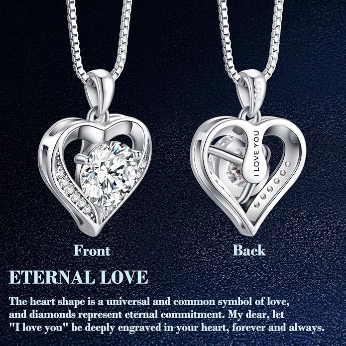 Moissanite Necklace for Women, 1-3 Carat Heart Necklace Engraved with 'I LOVE YOU', Birthday Gift for Wife, Anniversary Present for Wife Women, Jewelry Gifts for Valentine's Day