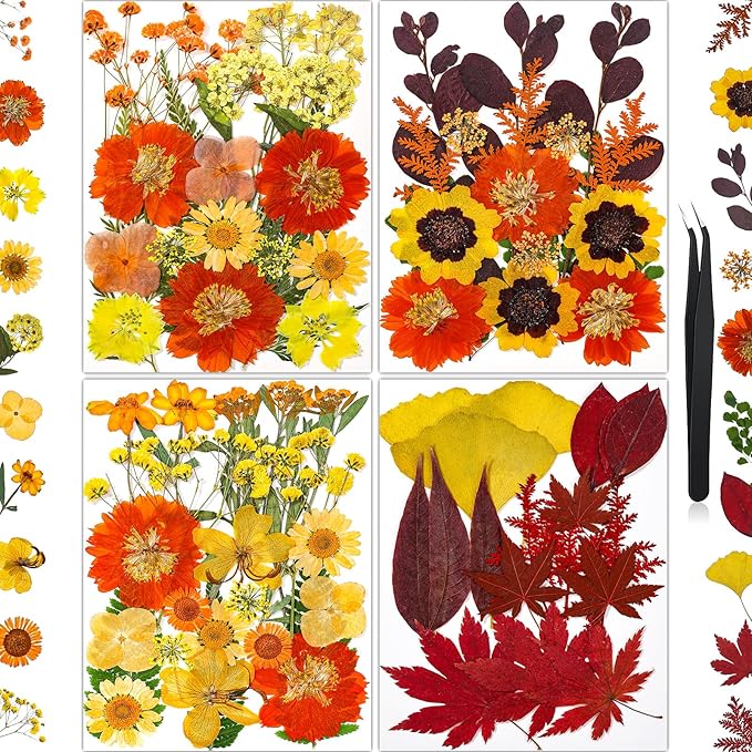 85Pcs Dried Flowers for Crafts, Natural Pressed Flowers for Crafts Real Dried Pressed Flowers Dry Leaves in Orange & Yellow for Resin, DIY Art, Scrapbook, Jewelry, Candle & Soap Making w/ Tweezer