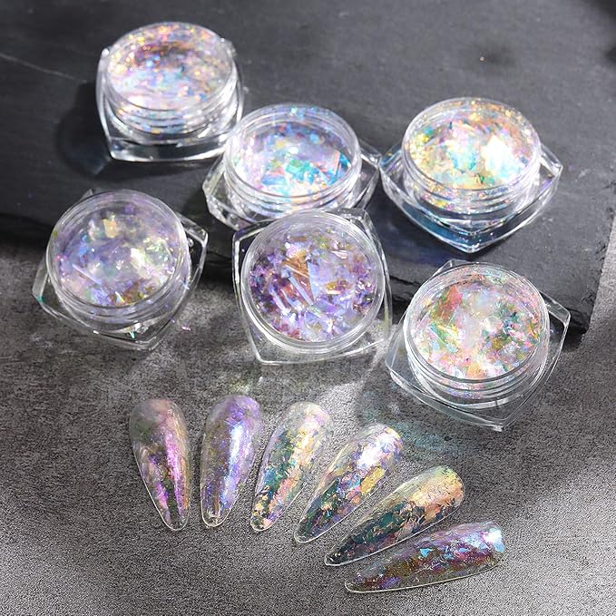 Holographic Opal Nail Art Glitter Flakes, 6 Colors Aurora Iridescent Pigment Powder Irregular Ice Crystal Mermaid Paillettes Sparkly Chunky Glitter Sequins for DIY Manicure Nail Decorations
