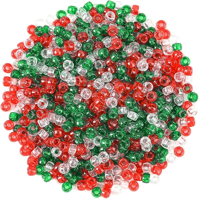 UPINS 1200Pcs Christmas Pony Beads,Glitter Red Green Transparent Pony Beads Bulk for Necklace Bracelets Earrings Jewelry Making Party Decoration Supplies DIY Craft