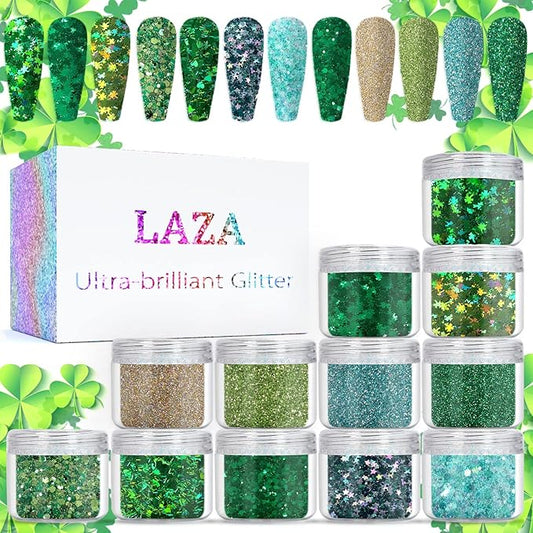 Laza St. Patrick's Day Nail Art Glitters 12 Colors Holographic Green Gold Fine Powder Chunky Clover Hexagon Sequins Confetti Nail Flakes for Nail Supplies Festival Craft Decoration - Verdant