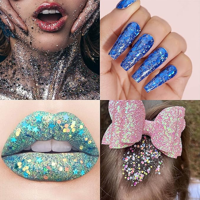Holographic Chunky and Fine Glitter Mix, 45 Colors Festival Sequins & Powder, Iridescent Flakes, Cosmetic Face Body Eye Hair Nail Art Resin Tumbler Loose Glitter