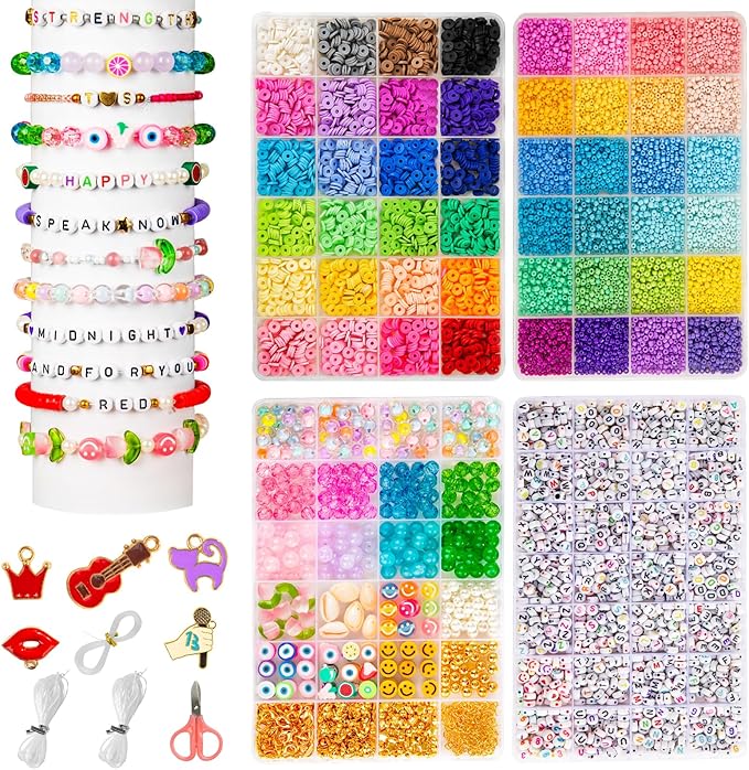 Goldwise Friendship Bracelet Kit - 4 Boxes, 48 Colors Clay & 4mm Seed Beads, Letter Beads, Charms for Jewelry & Bracelet Making for Gifts & Parties
