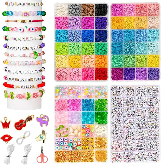 Goldwise Friendship Bracelet Kit - 4 Boxes, 48 Colors Clay & 4mm Seed Beads, Letter Beads, Charms for Jewelry & Bracelet Making for Gifts & Parties
