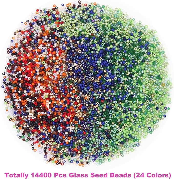 EuTengHao 14400pcs Glass Seed Beads Small Craft Beads for DIY Bracelet Necklaces Crafting Jewelry Making Supplies with Two 0.5mm Clear Bracelet String (600Pcs Per Color, 24 Colors)