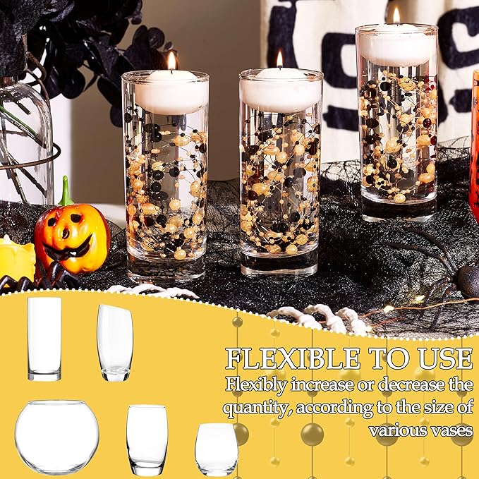 LAIDANLA 30 Pcs Orange and Black Artificial Floating Pearls for Vases Faux Pearl Beads String for Vase Filler Floating Candle Wedding Birthday Party Garland Table Centerpiece Vases Decor