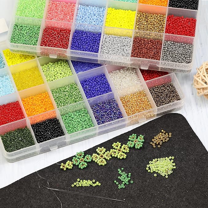 Size 12/0 Crafts Glass Seed Beads 2mm Tiny Pony Beads Assorted Kit with Organizer Box for Jewelry Making (24 Assorted Multicolor Set, Total About 24000pcs)