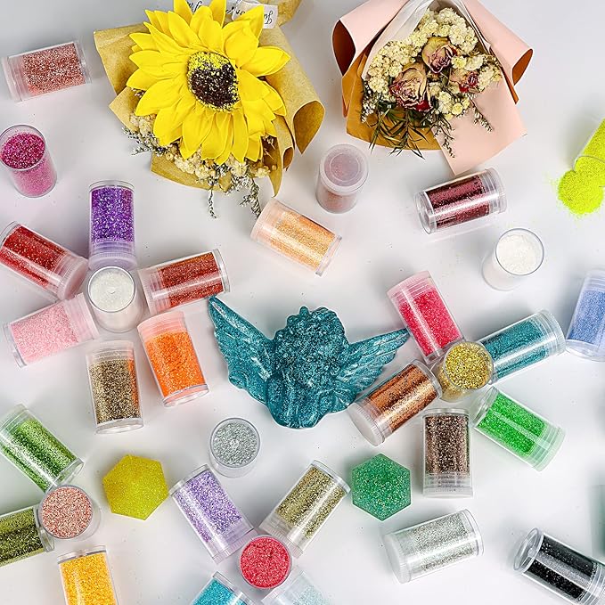 Fine Glitter for Epoxy Resin, Set of 45 Colors, Estanoite Extra Fine Craft Glitter Powder, Assorted Nail Arts Glitter, Cosmetic Powder for Body Face Hair Eye and Tumbler Candle Making