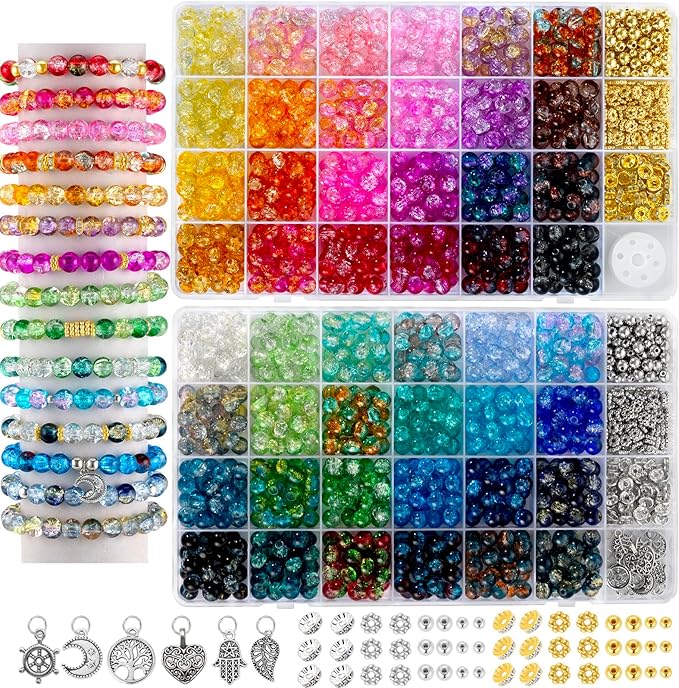Zefy 1500+ Pcs 8mm Glass Beads for Bracelets, 48 Colors Crackle Glass Beads for Jewelry Making, Round Crystal Bead for DIY Earrings Necklace Crafts with Spacer Bead and Charms