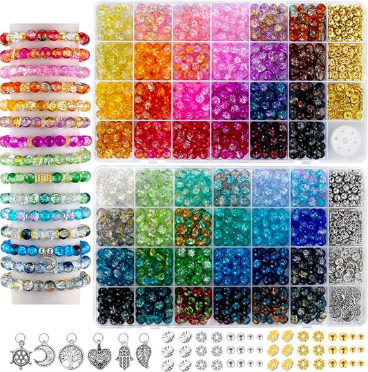 Zefy 1500+ Pcs 8mm Glass Beads for Bracelets, 48 Colors Crackle Glass Beads for Jewelry Making, Round Crystal Bead for DIY Earrings Necklace Crafts with Spacer Bead and Charms