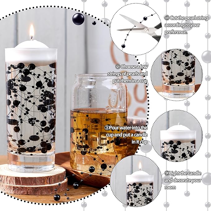 LAIDANLA 30 Pcs Black Artificial Floating Pearls for Vases Faux Pearl Beads String for Garland Pearls for Vase Filler Floating Candle Wedding Valentine's Day Party Table Centerpiece Vases Decor