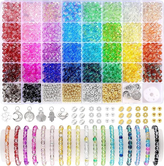 Funtopia Glass Beads Bracelet Making Kit, 1396pcs 6mm Crackle Glass Beads for Jewelry Making, 34 Colors Round Crystal Beads for Bracelets DIY Crafts with Spacer Beads and Charms