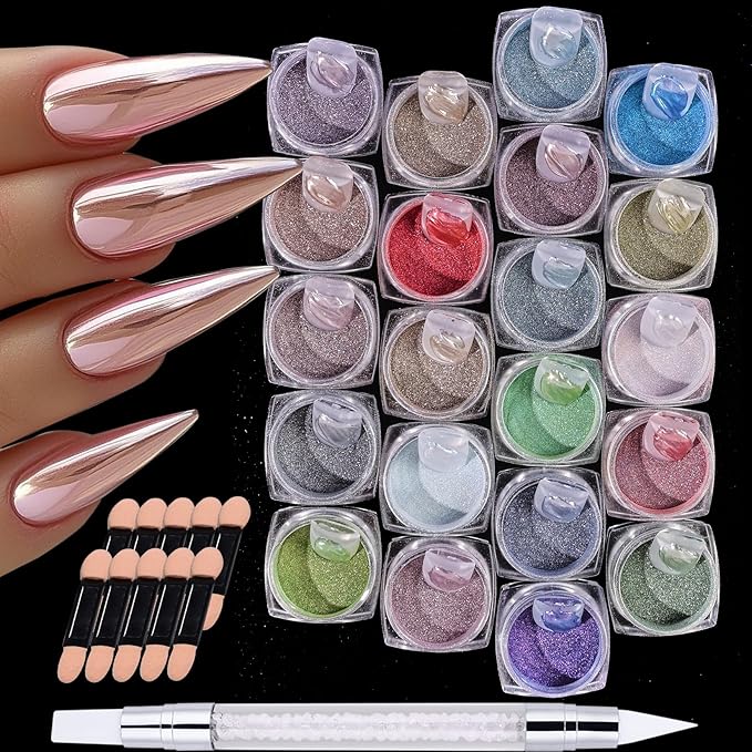 Metallic Chrome Nail Powder Kits 21 Jars Fantasy Mirror Nail Art Glitter Magic Chrome Effect Elegant Gold Pink Green Rubbing Pigment DIY Decoration for Gel Polish Nails Supplies