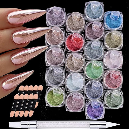 Metallic Chrome Nail Powder Kits 21 Jars Fantasy Mirror Nail Art Glitter Magic Chrome Effect Elegant Gold Pink Green Rubbing Pigment DIY Decoration for Gel Polish Nails Supplies