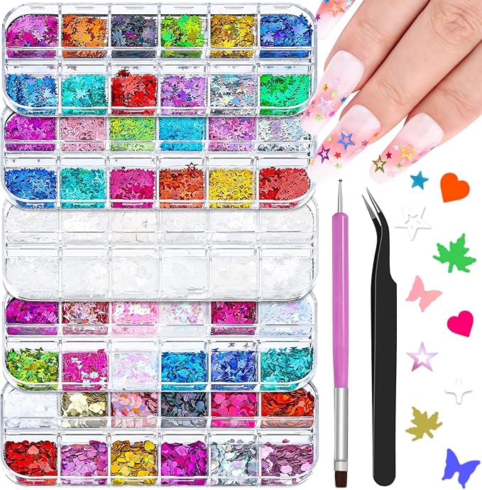 5 Boxes 60 Colors Holographic Nail Art Sequins Kit, Iridescent Sparkle Laser Hollow 3D Star Butterfly Heart Round Mixed-shapes Nail Glitter Flakes for Manicure Body Makeup Craft DIY (1-colorful-kit1)