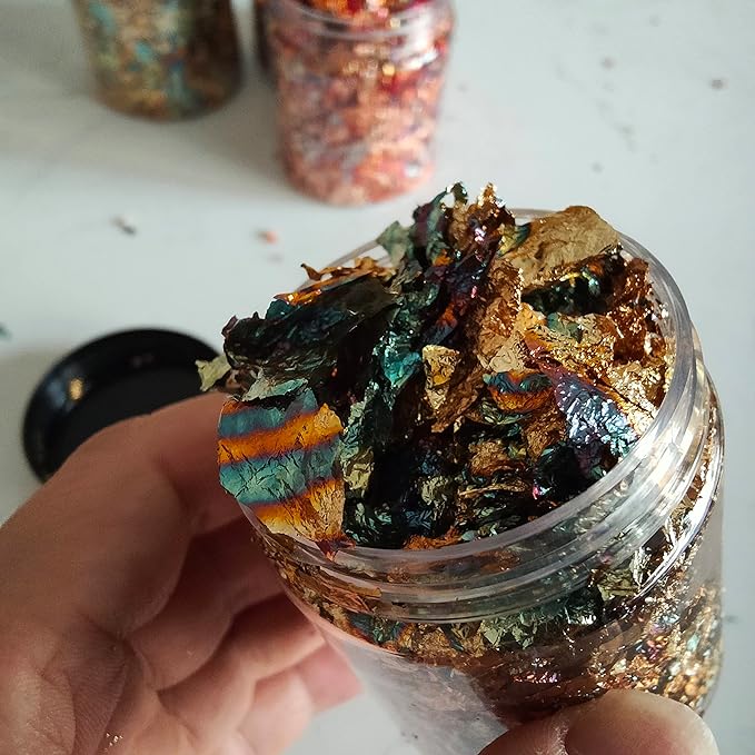 JINRUISI Gilding Flakes Variegated Gold Foils Leaf Flakes Gilding Craft Paper Decoration Art Supplies (Gold Green)