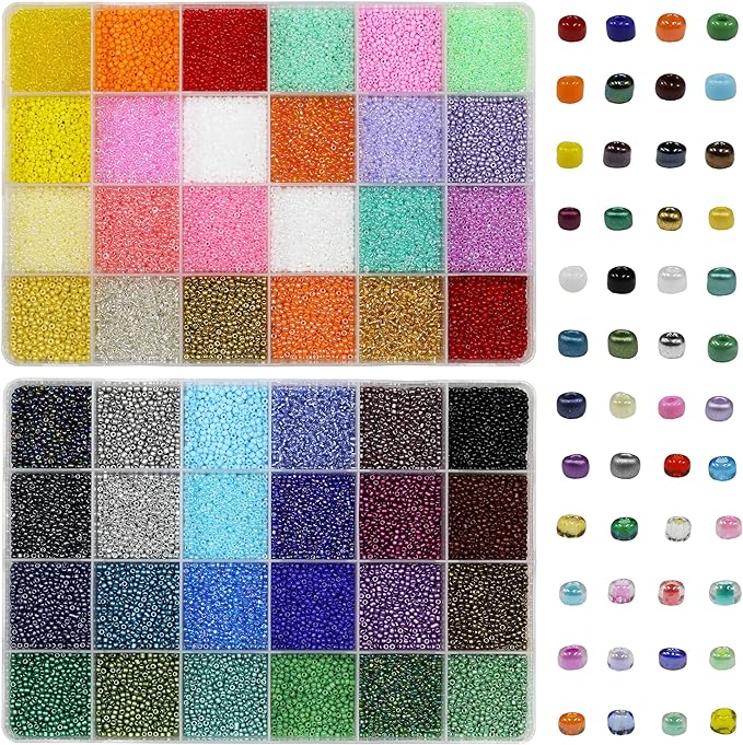Glass Seed Beads Assorted Kit - Size 12/0 (2mm Tiny), 48 Multicolor Options (48,000pcs Total) with Organizer Box for Adult DIY Jewelry Making