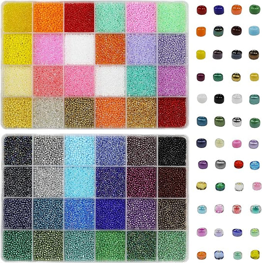 Glass Seed Beads Assorted Kit - Size 12/0 (2mm Tiny), 48 Multicolor Options (48,000pcs Total) with Organizer Box for Adult DIY Jewelry Making