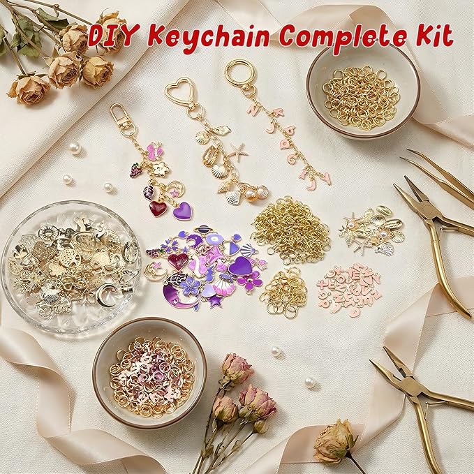 Molybdix 395Pcs Charms Keychain Making Kit—Including 24 Keychains Clips 30 Extender Chain 138 Charms, Key Ring Jewelry Plie, DIY Bag Charm & Making Keychains Jewelry Kit