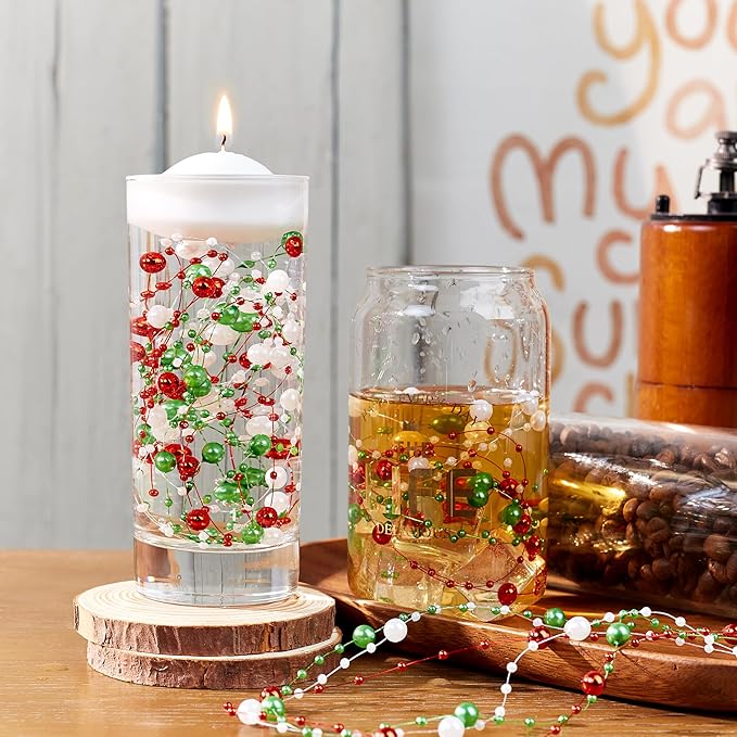 LAIDANLA 30 Pcs Christmas Artificial Floating Pearls String for Floating Candle Red Green White Faux Pearl Beads Strands for Vases Filler Centerpiece Table Wedding Party Home Decor