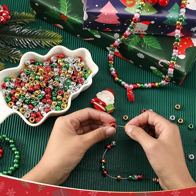 UPINS Christmas Pony Beads - 1200 Pcs Red, Green, Silver, Gold for Craft Jewelry Making