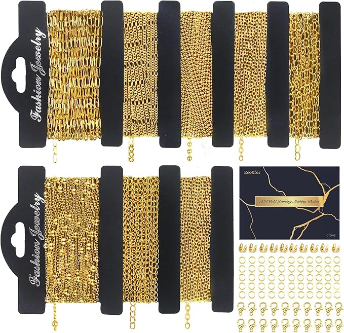 18k Gold Necklace Chains for Jewelry Making, 52.5 Feet 8 Rolls Bracelet Chains for DIY,6.5 Feet Each Style, Gold Plated Chain with Jump Rings/Lobster Clasps/Connectors