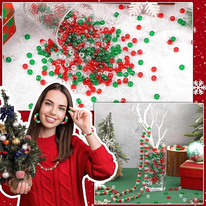 UPINS 1200Pcs Christmas Pony Beads,Glitter Red Green Transparent Pony Beads Bulk for Necklace Bracelets Earrings Jewelry Making Party Decoration Supplies DIY Craft