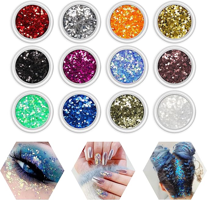 SULLMAR 12Colour Nail Glitter for Dazzling Nail Art Professional Quality Glitter for Nail Designs Body Glitter Appropriate for DIY NailDecorations