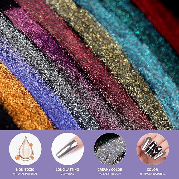 Born Pretty Chrome Powder Metallic Mirror Chameleon Pigment Powder Auroras Mermaid Nail Powder for Nail Art Gel Polish Manicure Nail Art Decorations 9 Jars