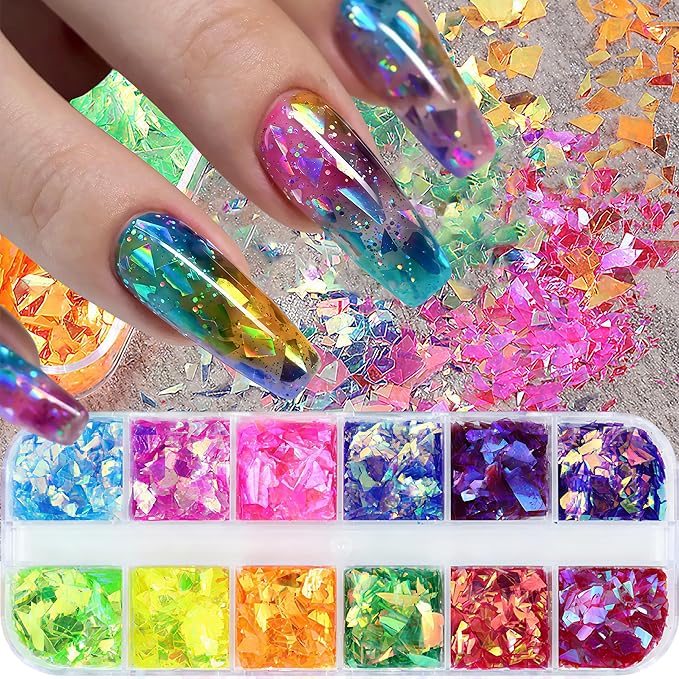 12Grids Holographic Mermaid Colorful Nail Art Glitter,Irregular Rainbow Candy Color Nail Art Flakes Sequins Gradient Bright Ice Slag Nail Sequins Summer Metallic Foil Nail Supplies DIY Nail Decoration