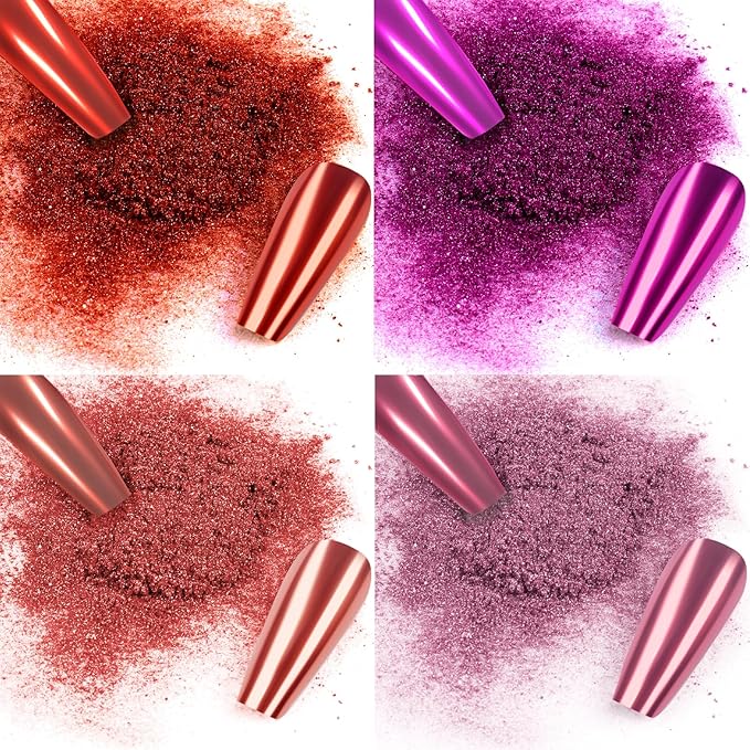 Allstarry Pink Chrome Nail Powder, Metallic 4 Colors Valentines Nails Powder Mirror Effect Manicure Pigment Pink Red Chrome Powder Glitter Dust Women Gifts Valentines Nail Art