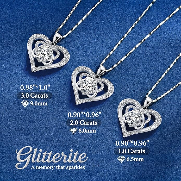 1-3 Carat Moissanite Necklace for Women, 925 Sterling Silver Heart Pendant Necklace Moissanite Diamond Necklace, Birthday Gift Anniversary Present for Wife, Girlfriend, Daughter, Mom