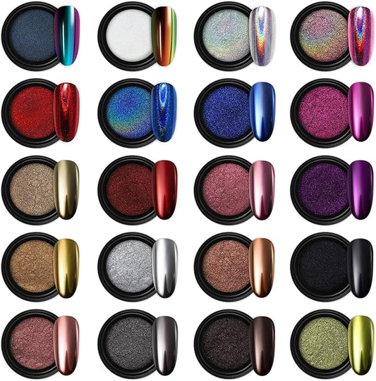 Artdone 20 Jars Chrome Nail Powder Set Metallic Mirror Effect Holographic Aurora Chameleon Pigment 1g/Jar for Nail Art Glitters Gel Polish Supply Mermaid Unicorn Kit
