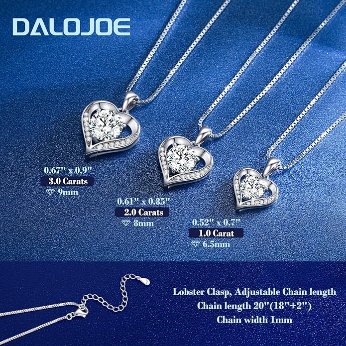Moissanite Necklace for Women, 1-3 Carat Heart Necklace Engraved with 'I LOVE YOU', Birthday Gift for Wife, Anniversary Present for Wife Women, Jewelry Gifts for Valentine's Day