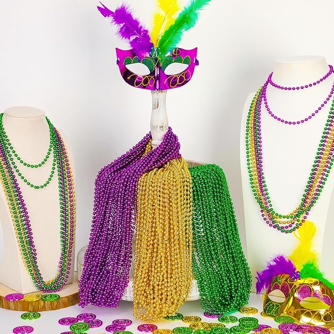 100PCS Mardi Gras Beads, Green Purple Gold Metallic Mardi Gras Beads Necklaces Accessories Bulk, Mardi Gras Carnival Beads Necklace Accessories for Parade Throws Party Decorations Supplies Favors