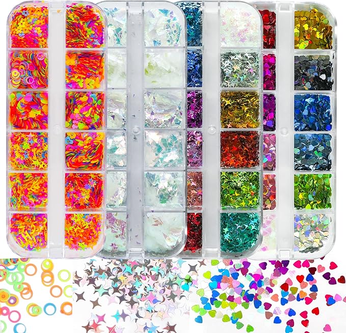 AddFavor 4 Boxes Nail Glitter Mixed Shaped Holographic Heart Star Nail Sequins Flakes Lash Decals for Nail Art Decoration/False Eyelash Decor