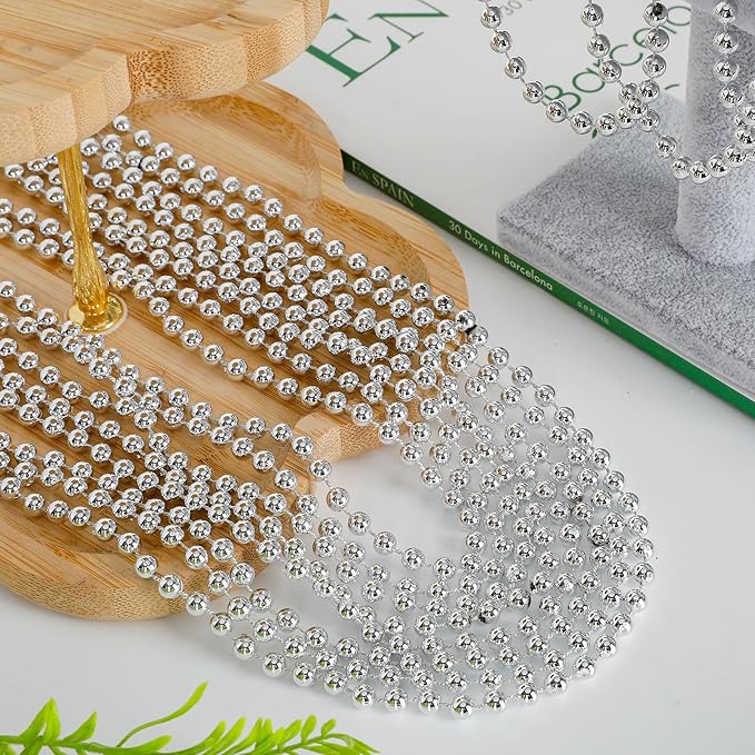 100PCS Bead Necklace, Silver Mardi Gras Beads Stuff Party Favors, Christmas 33" Toy Necklaces Costume, Festival Parade Throw Accessories for Wedding Birthday Celebrations Decoration