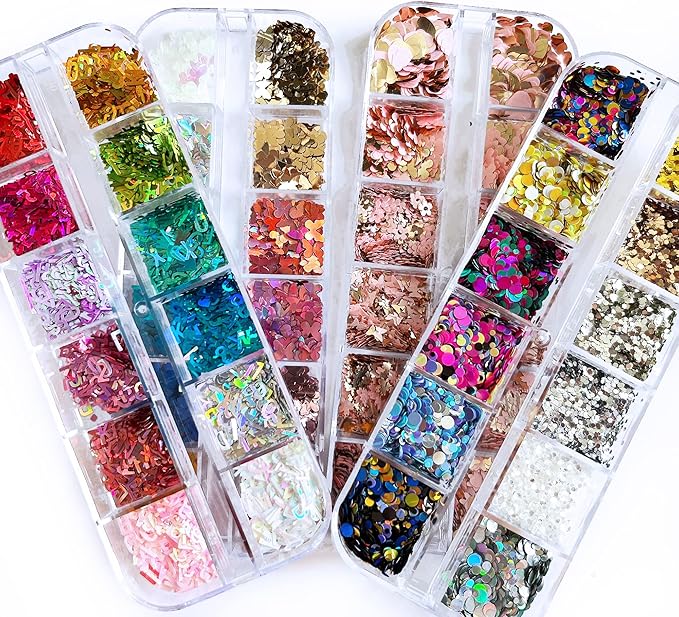 AddFavor 4 Boxes Nail Glitter Sequins Kit Mixed Shape Holographic Butterfly Flower Round Heart Nail Art Flakes for Women Body/Face/Hair/Acrylic Nails Decoration Designs Accessories