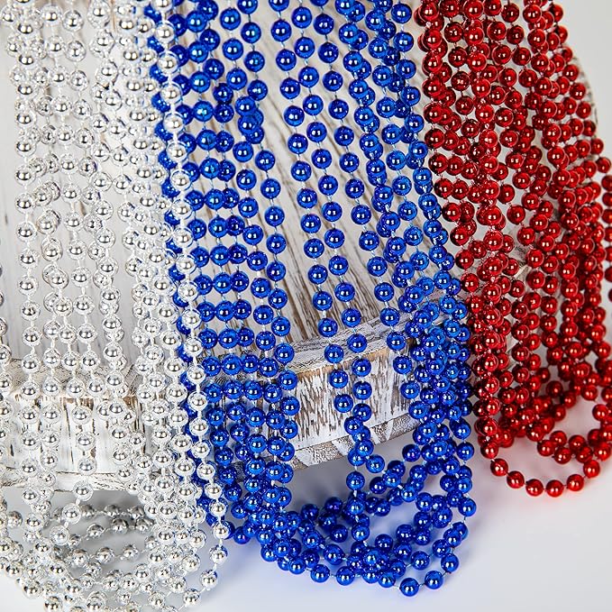 100PCS 4th of July Accessories, Veterans Day Beads Necklace Bulk, Fourth of July Red Blue Silver Necklace Party Favors, Beads for Veterans Day Patriotic Parade Party Celebration Favors Decorations