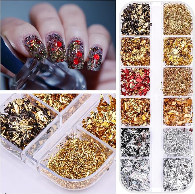5 Boxes 60 Colors Holographic Nail Glitter Gold Foils Kit, Nail Foil Flakes Laser, 3D Irregular Thin Foil Nail Art Flakes Design Nail Sequins Supplies for Manicure Body Makeup Craft DIY