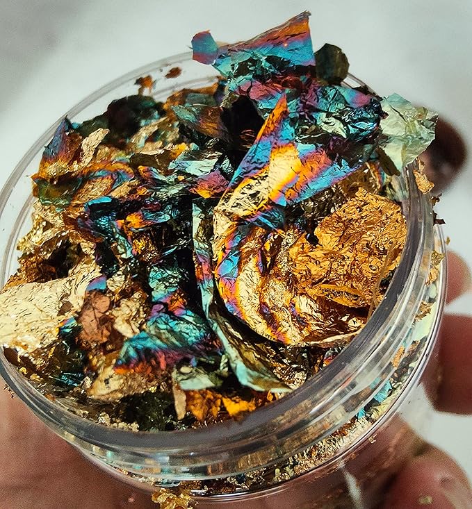 JINRUISI Gilding Flakes Variegated Gold Foils Leaf Flakes Gilding Craft Paper Decoration Art Supplies (Gold Green and Autumn Leaves)