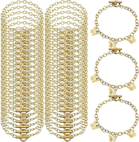 Hicarer 45 Pieces Bracelet Chains with OT Toggle Clasp Stainless Steel Bracelet Link Chains DIY Jewelry Making Supplies for Women Jewelry Crafts(Gold)